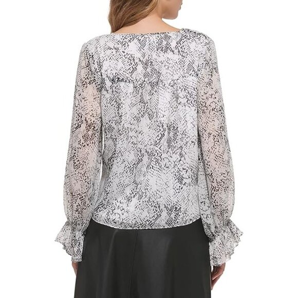DKNY Blouse Top Snake Print Long Sleeves V Neck Fuffle Cuff Ivory Multi Size XL - Picture 2 of 4